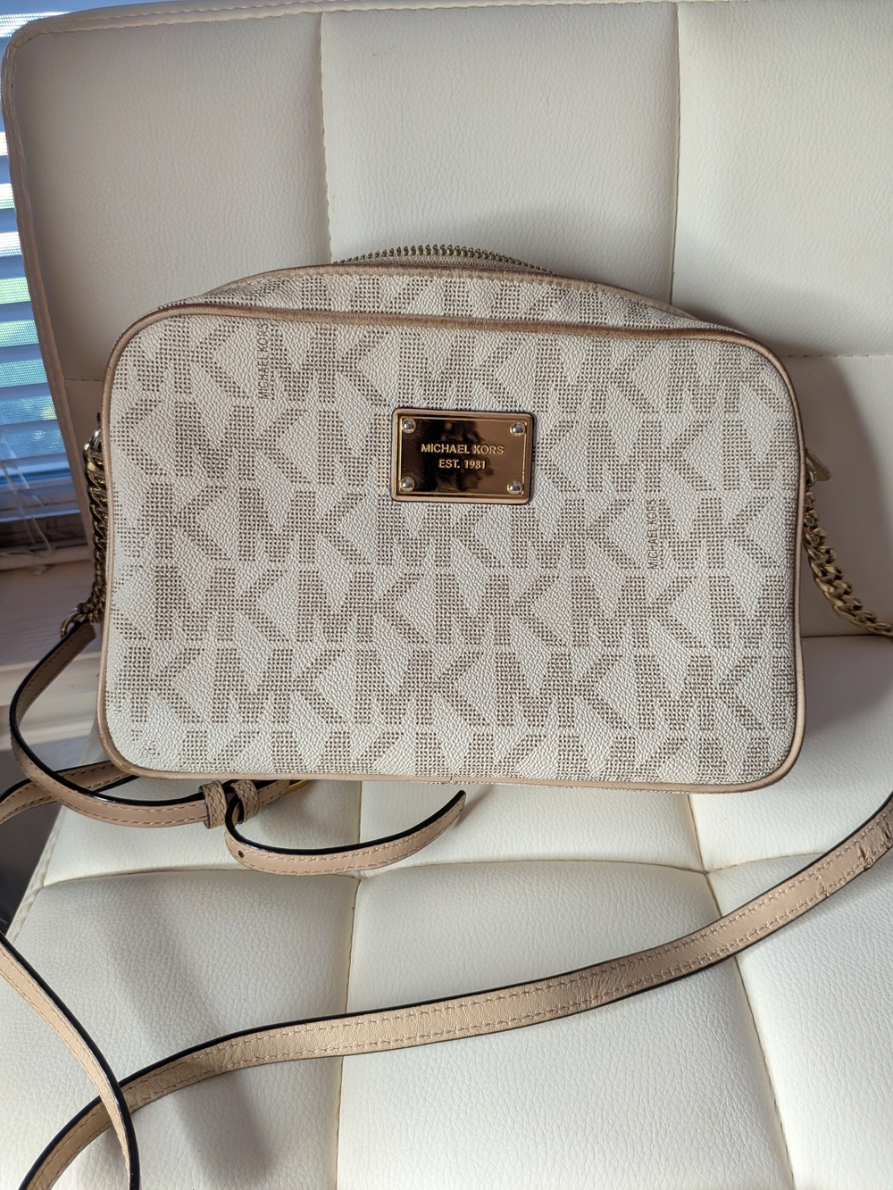 Michael Kors Cream and Tan MK Signature Crossbody Bag